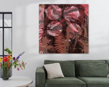 Art botanique abstrait moderne. Feuilles de fougère en rouge, brun et rouille sur Dina Dankers