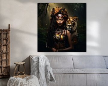 Portret Schilderij Afrikaanse Vrouw met Leeuw van Surreal Media