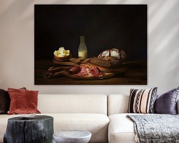 Still life with rustic bread,cheese,salami and milk. by Saskia Dingemans Awarded Photographer