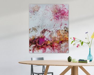 Jubelend en zwierig-Abstract impressionistisch schilderij in rose-acrylverf op canvas van Hannie Kassenaar