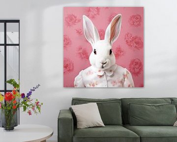Portrait of a white rabbit in floral dress by Vlindertuin Art