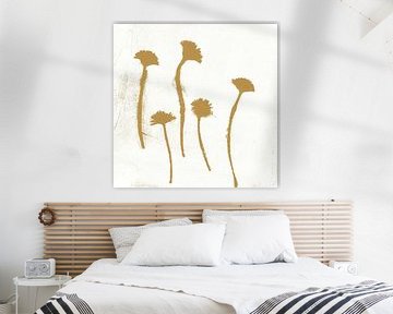 Natural living. Modern botanical art. Dandelions in ocher yellow on white by Dina Dankers