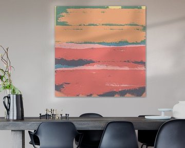 Zonsopgang. Modern abstract kleurrijk landschap in rood, roze, blauw, oranje. van Dina Dankers