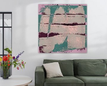 Modern abstract kleurrijk landschap in groenblauw, roze en bruin. van Dina Dankers