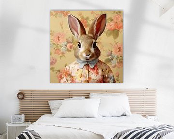 Porträt eines braunen Kaninchens im geblümten Kleid von Vlindertuin Art