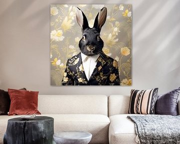Porträt von Herrn Kaninchen im schwarzen Blumenkostüm von Vlindertuin Art
