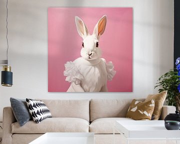 Portrait d'un lapin en robe de soirée blanche sur Vlindertuin Art