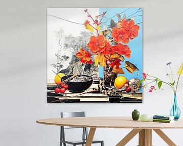 Floral still life with cherries and lemons