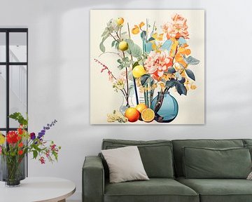 Sommerstilleben mit Blumen und Zitronen von Vlindertuin Art