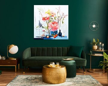 Semi-abstract stilleven met zomerse bloemen van Vlindertuin Art