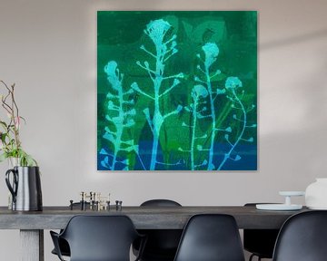 Sprookjes van het bos. Kleurrijke abstracte botanische kunst in groen en blauw van Dina Dankers