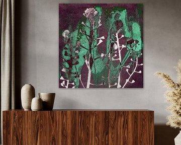 Sprookjes van het bos. Kleurrijke abstracte botanische kunst in paars en groen van Dina Dankers