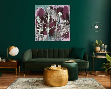 Fairytales of the forest. Colorful abstract botanical art in purple and green grey by Dina Dankers