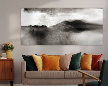Japan Mountains Landscape Painting in Black White by Mad Dog Art
