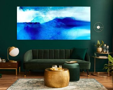 Japon Montagne Peinture de paysage en bleu sur Mad Dog Art