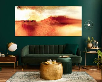 Japon Montagne Peinture de paysage en jaune beige sur Mad Dog Art