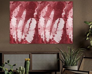 Varenbladeren. Moderne abstracte botanische kunst in rood, wit, roze van Dina Dankers