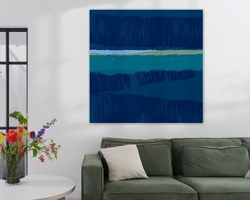 Moderne abstracte kunst. Zeegezicht in blauwe kleuren. Dag op het strand van Dina Dankers