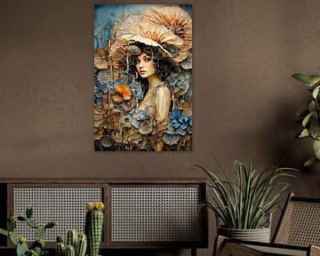 Portret van een vrouw tussen bloemen van Carla van Zomeren