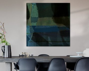 Moderne abstracte minimalistische kunst. Vormen en lijnen in blauw en donkergroen. van Dina Dankers