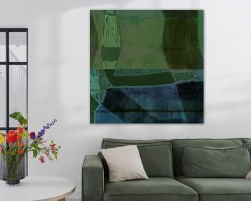 Modern abstract minimalist art. Shapes and lines in blue and green. by Dina Dankers