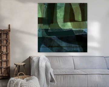 Art moderne abstrait minimaliste. Formes et lignes en bleu, marron et vert. sur Dina Dankers