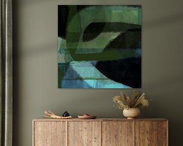 Modern abstract minimalist art. Shapes and lines in warm green and turquoise. by Dina Dankers