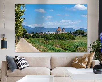 Blick auf den Turm von Pisa mit Bergen im Hintergrund van Animaflora PicsStock