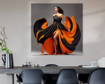 Dansende vrouw in wijde jurk in zwart met oranje