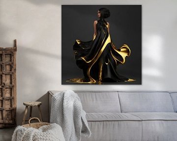 Vrouw in een mooie goud en zwarte jurk. van Brian Morgan