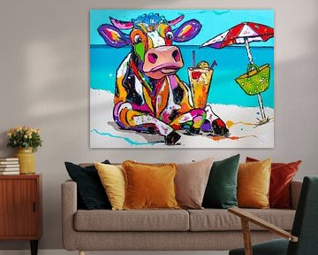 Vache joyeuse sur la plage sur Happy Paintings