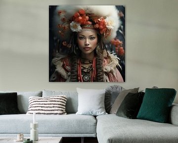 Modern portret van een jonge vrouw in traditionele kleding met een moderne touch van Carla Van Iersel