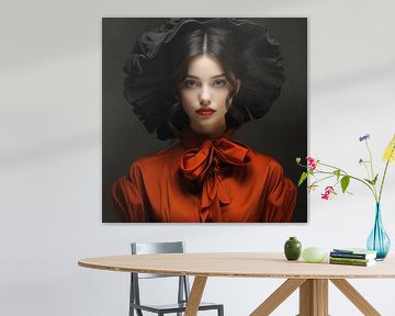 Portrait moderne d'une jeune femme en noir et rouge sur Carla Van Iersel