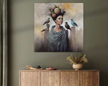 Vrouw met vogels en een nest met eieren op haar hoofd van Laila Bakker