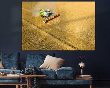 Combine harverster harvesting wheat during summer seen from above by Sjoerd van der Wal Photography