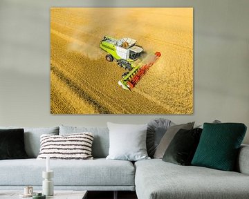Moissonneuse-batteuse récoltant du blé en été, vue de dessus sur Sjoerd van der Wal Photographie