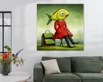 An anthropomorphic fish lady with red coat by Laila Bakker