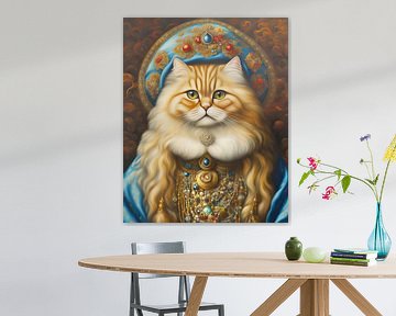 Fantasie-Perserkatze, auch Perserkatze genannt, in traditioneller persischer Kleidung und Schmuck-1