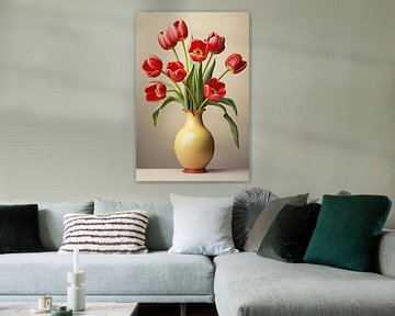 Zinnoberrote Eleganz: Eine Vase mit anmutigen Tulpen von PixelMint.