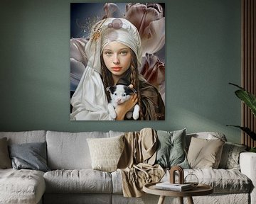 Nieuwe meester portret Jonge vrouw met hondje van René van den Berg