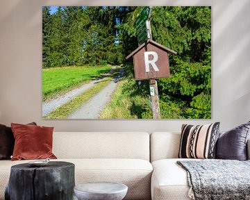 Panneau indicateur Rennsteig sur le sentier de randonnée dans la forêt de Thuringe, Allemagne sur Animaflora PicsStock