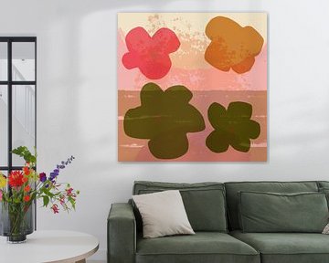 Bloemen. Pop-art. Modern kleurrijk botanisch in olijfgroen, oranje en roze van Dina Dankers