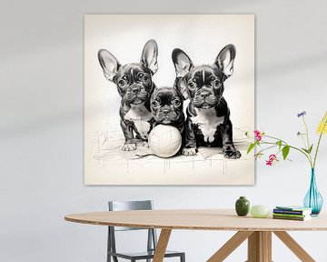 Drei kleine Bulldoggen spielen mit dem Ball von Heike Hultsch