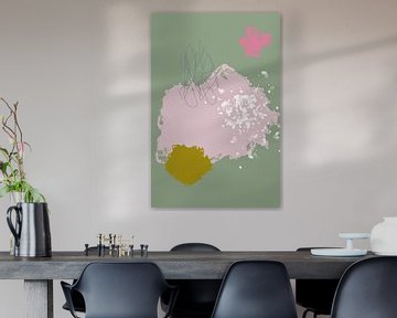 Moderne abstracte kunst. Heldere pastelkleuren. Groen, roze, geel, wit. van Dina Dankers