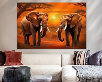 Eléphants d'Afrique au coucher du soleil sur Creavasis