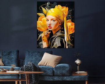 Modern meisje met de parel X Johannes Vermeer gele tulpen van René van den Berg