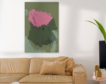 Moderne abstracte kunst. Vormen en lijnen in heldere kleuren. Roze, groen, olijfgroen. van Dina Dankers