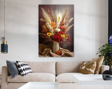 Earthen Allure: Bouquet and Wheat on a Beige Canvas by PixelMint.