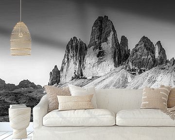 Dawn on the Three Peaks in the Dolomites. Panoramic picture black and white by Manfred Voss, Black-White Photography