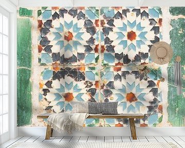 Old azulejos or tiles in Cascais, Portugal art print - green retro pattern, street and travel photography by Christa Stroo photography